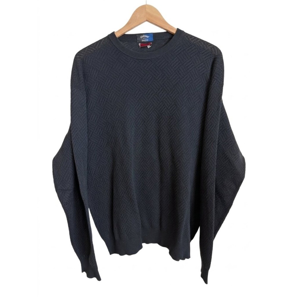 Callaway Golf Pima Cotton Basketweave Crewneck Sweater Mens L Black Preppy Knit